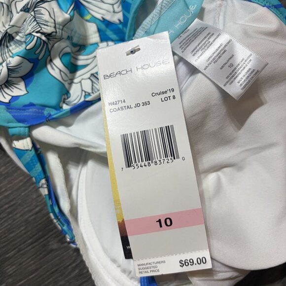 Beach House Tankini Top Size 10 Coastal Floral Tropical Hawaiian Blue White NEW - Picture 6 of 9